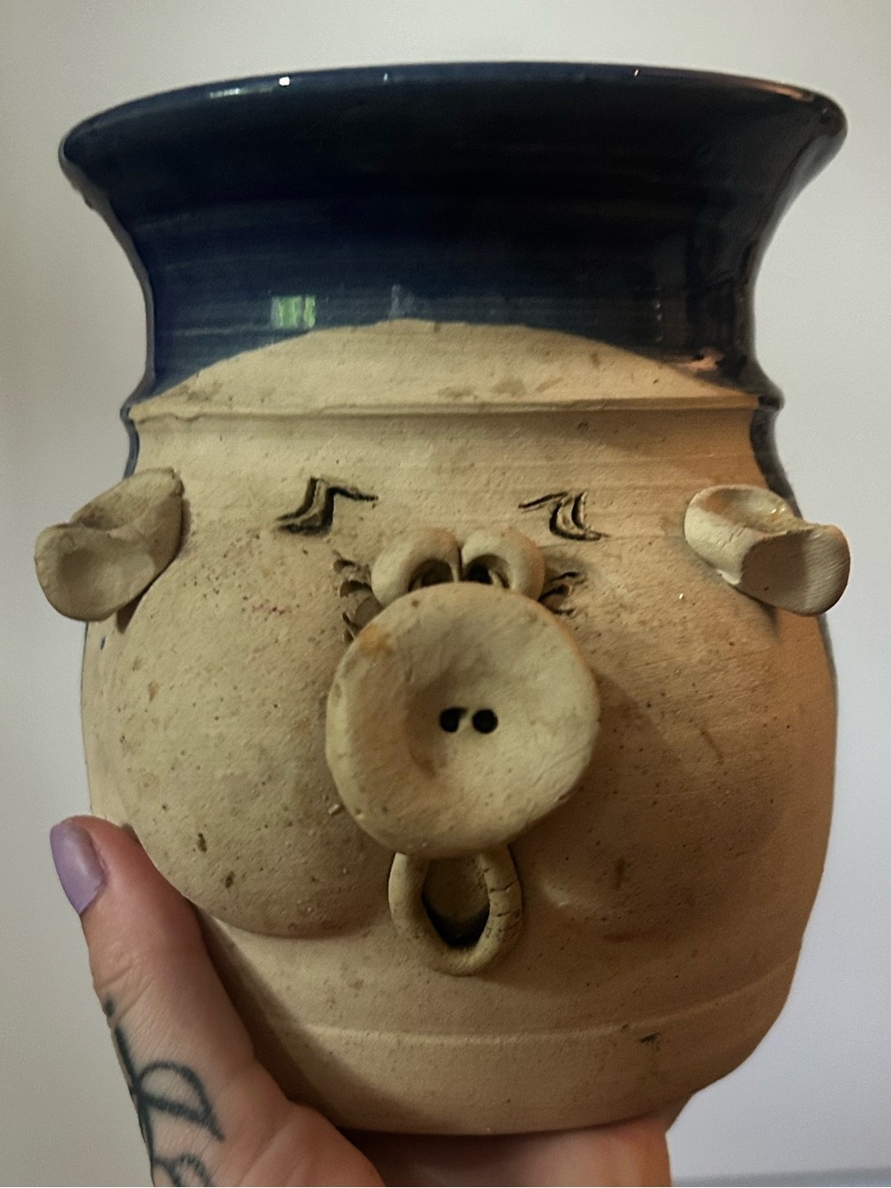 Handmade Pig Face Ceramic Planter - Blue Rim💙🐷